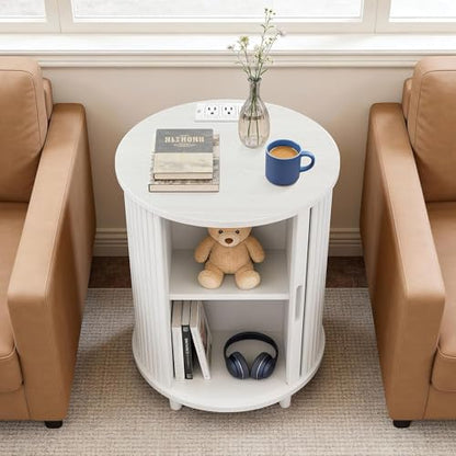 DHH Round End Table with Storage & Charging Station, Fluted Accent Side Table with Sliding Door & Adjustable Shelf, Mid-Century Nightstand for Small Spaces, Living Room, Bedroom(Grayish White) - color: Grayish White