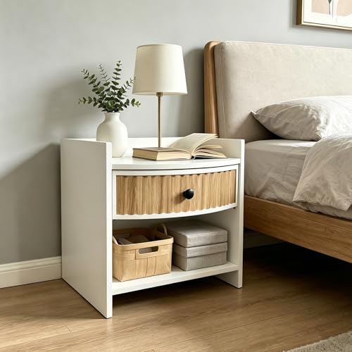 Wooden Nightstand with Drawer and Open Storage Shelf, Curved Front Bedside Table for Bedroom, Compact End Table for Small Spaces, Living Room or Apartment Furniture(White) - color: White