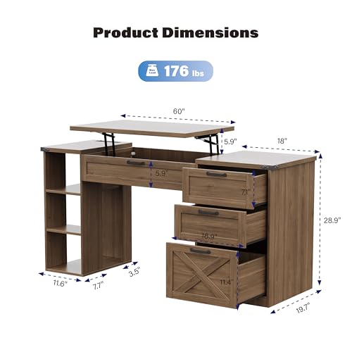 Farmhouse Lift Top Desk: Rustic Wood Standing Desk with 3 Drawers & Open Storage Shelves, Adjustable Height, White & Brown Home Office Computer Desk for Work, Study, Writing (Natural Walnut) - color: Natural Walnut