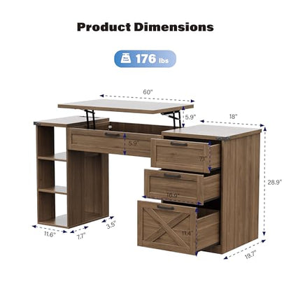 Farmhouse Lift Top Desk: Rustic Wood Standing Desk with 3 Drawers & Open Storage Shelves, Adjustable Height, White & Brown Home Office Computer Desk for Work, Study, Writing (Natural Walnut) - color: Natural Walnut