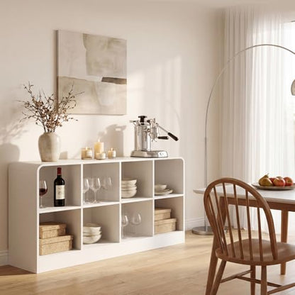 EXPERLAM White 8 Cube Storage Organizer with Rounded Edges and Reinforced Base, Low Horizontal Cube Bookshelf, Wooden Cube Shelf Bookcase for Living Room, Kids Room, Bedroom, TV Stand - size: with base