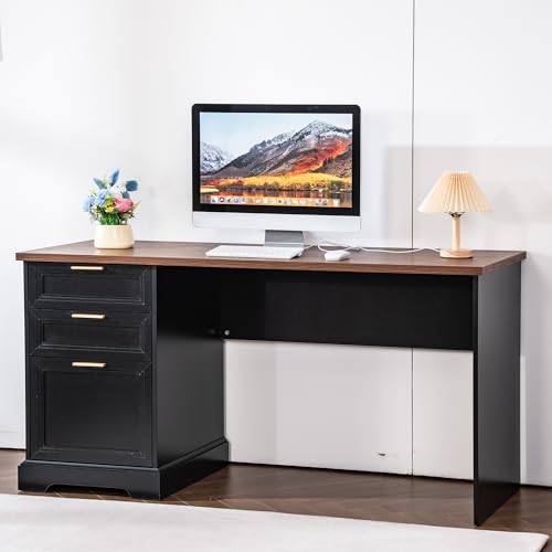 60" Farmhouse Executive Desk with Charging Station,Home Office Desk with 2 Drawers &1 File Cabinet,Wood Work Desk for Office and Home - color: Walnut & Black
