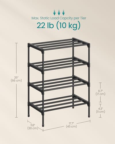 SONGMICS 4-Tier Shoe Rack for Closet, Compact Metal Shoe Organizer Shelf for Entryway, Bedroom, Small Spaces, Stackable, 11.8 x 17.7 x 26 Inches, Black ULSA114BH01 - size: 4 Tiers (17.7"W)