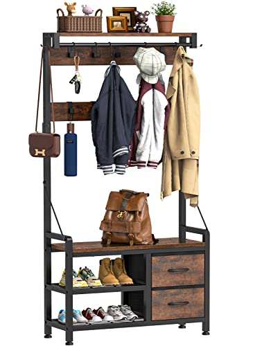 Lulive Hall Tree with Bench and Shoe Storage, 31.5” Coat Rack Freestanding | Rustic Brown, 5 in 1 Intelligent Design, 17 Hooks, 2 Drawers, Handy Clothes Rail - color: Rustic Brown, size: 11.8"D x 31.5"W x 70.9"H