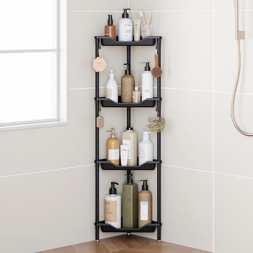 Orimade Standing Corner Shower Caddy Organizer, Plastic＆Aluminum Floor Corner Shelf Rack Rustproof Storage Stands for Bathroom, 44.6'', 4 Tier, Black - color: Black, size: 4 Tier