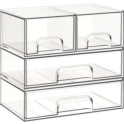 Criusia Stackable Storage Drawers, 4 Pack Clear Plastic Makeup & Bathroom Organizer, Versatile Storage Bins for Vanity, Under Sink, Kitchen Cabinets & Pantry - size: 4 PACK