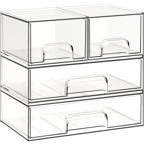 Criusia Stackable Storage Drawers, 4 Pack Clear Plastic Makeup & Bathroom Organizer, Versatile Storage Bins for Vanity, Under Sink, Kitchen Cabinets & Pantry - size: 4 PACK