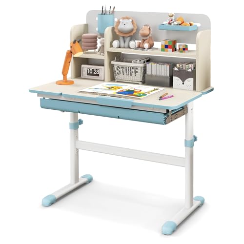 HONEY JOY Kids Desk, Children School Study Desk w/ 7-Level Tiltable Desktop, Height Adjustable Table w/Bookshelf, Pull-Out Drawer & Pen Holder, Student Writing Workstation, Desk for Girls Boys (Blue) - color: Blue, size: 31.5” x 20” x 43.5” (L x W x H)