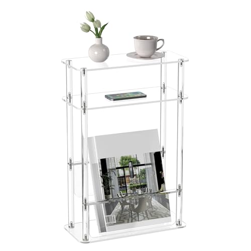 HMYHUM Acrylic Narrow End Table for Small Spaces with Magazine Holder, Slim Side Small Nightstand/Bedside Table for Living Room, Bedroom, 3 Tier, 15.7" L x 7" W x 23" H, Clear