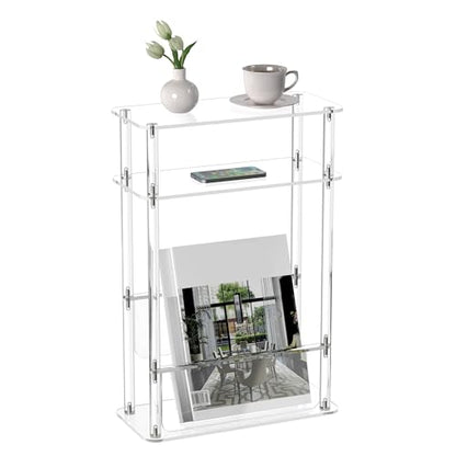 HMYHUM Acrylic Narrow End Table for Small Spaces with Magazine Holder, Slim Side Small Nightstand/Bedside Table for Living Room, Bedroom, 3 Tier, 15.7" L x 7" W x 23" H, Clear