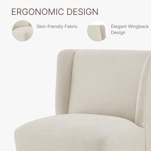 KISLOT Upholstered Dining Chairs Set of 1 with Casters, Wingback Modern Side Armless Deskchair with Rollers for Diningroom Bedroom Livingroom Reading Room, Cream Beige Fabric - color: A Cream Beige Fabric, size: Set of 1