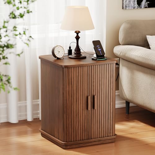 ONBRILL Square End Table with Charging Station, Fluted Storage Nightstand | Mid-Century Modern Accent Side Table with Sliding Door & Sturdy Pedestal, for Small Space, Living Room, Bedroom, Walnut - color: Walnut