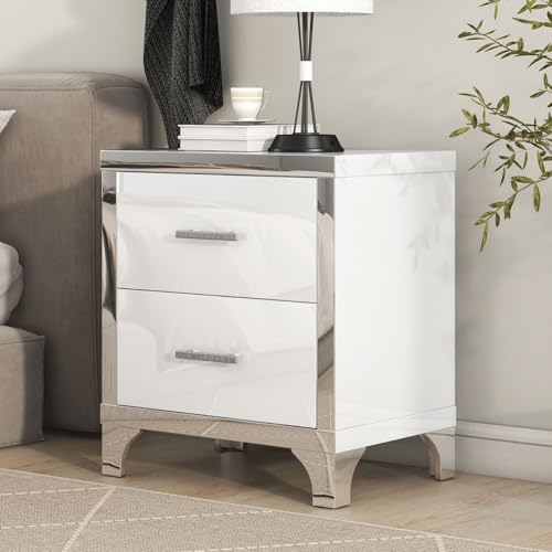 Merax Night Stand with 2 Drawers, Mirrored High Gloss Wood Nightstand Metal Handle Bedside End Table for Bedroom, Dorm, White - color: White, size: Tall-legged