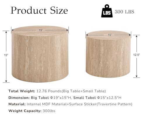 EALSON Nesting Coffee Tables Set of 2 Farmhouse Small Round End Tables Modern Circle Side Table Drum Table for Living Room/Small Spaces/Bedroom/Balcony, No Assembly, Travertine - color: Travertine