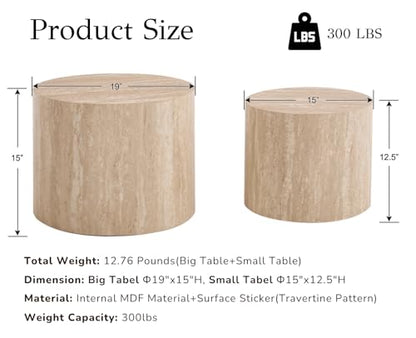 EALSON Nesting Coffee Tables Set of 2 Farmhouse Small Round End Tables Modern Circle Side Table Drum Table for Living Room/Small Spaces/Bedroom/Balcony, No Assembly, Travertine - color: Travertine