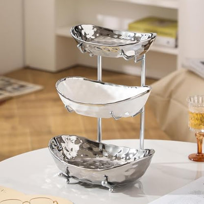 YYW 3 Tier Fruit Bowl for Kitchen Counter, White Gold Silver Ceramic Fruit Stand for Countertop, Home Fruit Rack with Metal Holder, Vegetable Snacks Nuts Bread Candy Storage (Silver) - color: Silver
