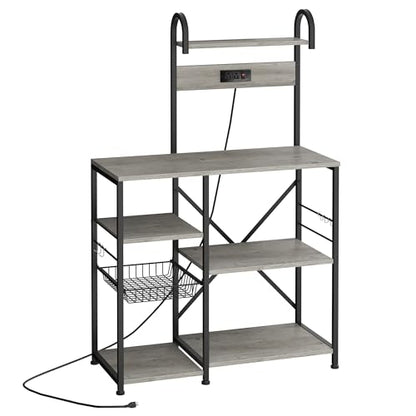 Shintenchi Kitchen Bakers Rack with Power Outlet, Multifunctional Organizer & Storage with 6 Hooks, Microwave Oven Stand, and Coffee Station Shelf, Black - color: Black