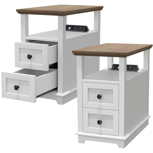 HIFYOBRO End Table with Flip Top Charging Station Set of 2, White Side Table with 2 Drawers, Type-C & USB Port & Power outlets, Narrow Wooden Storage Cabinet for Living Room and Bedroom - color: White, size: 1 Set