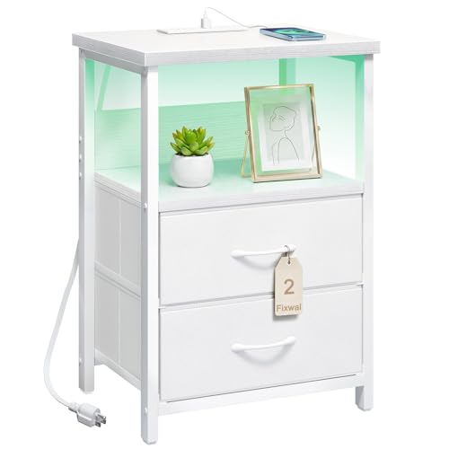 Fixwal White Nightstand for Women Bedroom, LED Night Stand with Charging Station, Bed Side Table with 2 Fabric Storage Drawers - color: White, size: 23.6"H (2 drawers), style: Power+Light (1pc)