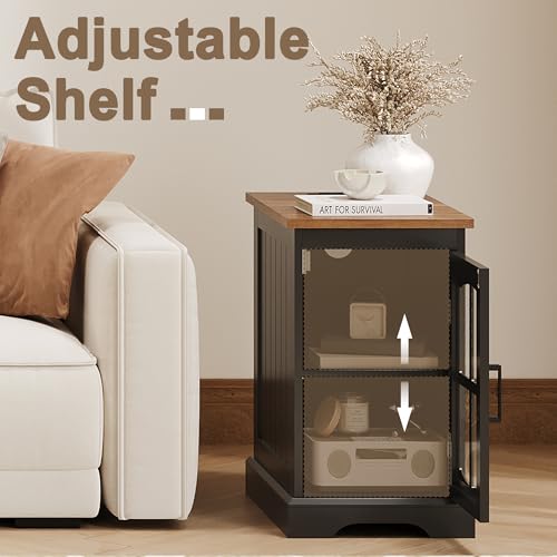 ChooChoo Farmhouse End Table Set of 2 with Charging Station, Nightstand with Adjustable Shelf and Glass Door, Black Side Table for Living Room, Bedroom - color: Black