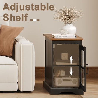 ChooChoo Farmhouse End Table Set of 2 with Charging Station, Nightstand with Adjustable Shelf and Glass Door, Black Side Table for Living Room, Bedroom - color: Black