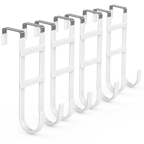 FYY Over the Door Hooks, Double-Hanger 4 Pack, Fits Doors 1.6" White | Heavy Duty Metal, Hold 100lbs, Rubber-Coated, No-Drilling, for Bathroom Dorm, Hanging Clothes Towels Bags Ironing Board Robe - color: White, size: 7.8" Long, Fit Interior Doors Up to 1