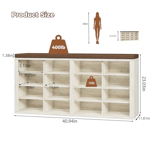 ITEFDTUTNE Shoe Rack Bench 40.94" Entryway Bench with Shoe Storage 16 Cubby Wood Shoe Organizer Bench with Removable Cushion for Hallway, Living Room, Bedroom and Garage - color: White+brown