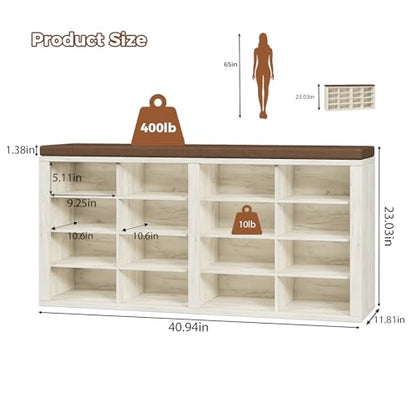 ITEFDTUTNE Shoe Rack Bench 40.94" Entryway Bench with Shoe Storage 16 Cubby Wood Shoe Organizer Bench with Removable Cushion for Hallway, Living Room, Bedroom and Garage - color: White+brown