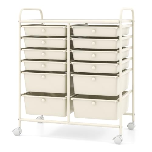 12 Drawer Rolling Cart with Drawers, Storage Cart with Lockable Wheel & Metal Frame, Multipurpose Mobile Trolley Utility Cart for Salon Makeup Kitchen Office Play Room (Ivory White) - color: White, size: 12 Drawers (4 Big +10 Small)