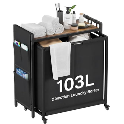 2 Section 103L Laundry Sorter, Wheels & Shelf & Oxford Fabric Bags | Laundry Basket Organizer, Clothes Hamper with Shelf 2 Compartment, Easy to move, Room Organization