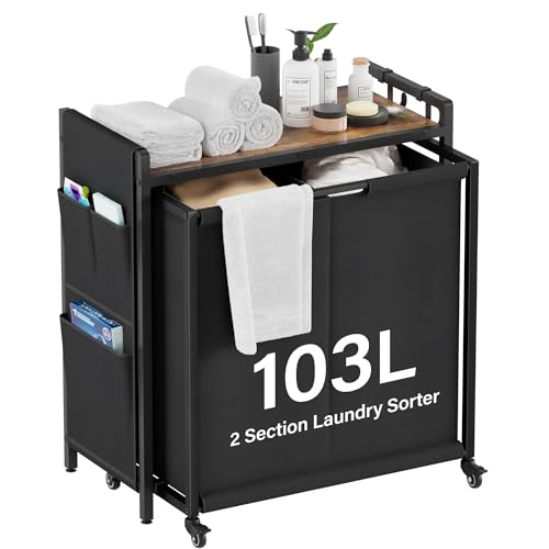 2 Section 103L Laundry Sorter, Wheels & Shelf & Oxford Fabric Bags | Laundry Basket Organizer, Clothes Hamper with Shelf 2 Compartment, Easy to move, Room Organization