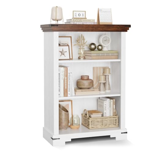 3-Tier Farmhouse Bookshelf, Book Shelf with Open Storage & One Adjustable Shelf, 9.8" D x 26" W x 38" H, Wooden Bookshelf for Study Room, Living Room, Kitchen, Bedroom (White) - color: White