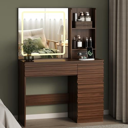 Makeup Vanity Desk with Lights, Fluted Vanity with 4 Drawers, Open Shelves, Power Outlet, LED Lighted Mirror, 3 Lighting Modes & Brightness Adjustable, Wood Dressing Table for Bedroom,Walnut - color: Walnut