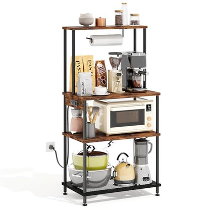 Superlele 4 Tier Baker's Rack with Charging Station, Kitchen Coffee Bar Table with Power Outlets & Paper Towel Holder, 23.6x13x49.2'' Industrial Standing Microwave Shelf for Small Spaces, Rustic Brown - color: Brown, size: 23.6x13x49.2''(with Power Outlet