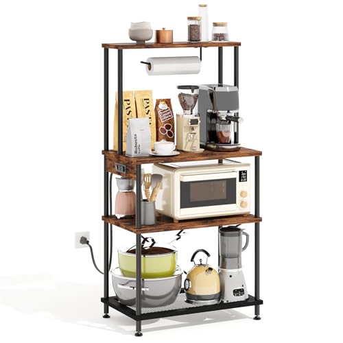Superlele 4 Tier Baker's Rack with Charging Station, Kitchen Coffee Bar Table with Power Outlets & Paper Towel Holder, 23.6x13x49.2'' Industrial Standing Microwave Shelf for Small Spaces, Rustic Brown - color: Brown, size: 23.6x13x49.2''(with Power Outlet