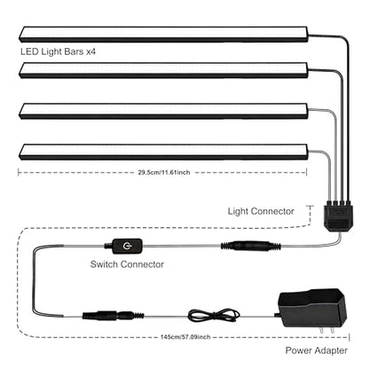 Cefrank LED Under Cabinet Lights, 4-Pack Dimmable Display Memory Bars Kit | 6000K cold white 1200LM, ultra-thin black aluminum with memory dimmer. Plug-in AC for kitchen, bookcase, glass showcases.