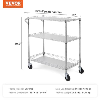 VEVOR Kitchen Utility Cart, 3 Tiers, Wire Rolling Table with 661 LBS Capacity, Steel Service Desk on Wheels, Metal Storage Trolley with 80 mm Deep Basket Curved Handle PP Liner 6 Hooks - size: 18"D x 35"W x 40.9"H
