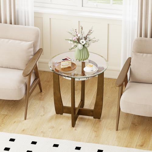 Giantex Round Glass End Table Set of 2, 24’’ Side Table with Tempered Glass Top, Nightstands with Cross & Solid Rubber Wood Base, Compact Bedside Night Stand for Bedroom Office Living Room (2, Walnut) - color: Walnut
