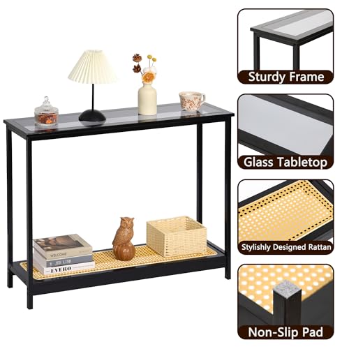 Bamboo Narrow Console Table, 39.4"(L) Wood Small Entryway Table with Rattan and Glass, Accent Slim Hallway Tables, Thin Sofa Side Tables for Hallway, Living Room, Bedroom, Foyer, Black - color: Black 39.4"(l)