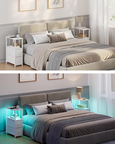 TUTOTAK Small Narrow LED End Table with Charging Station, Side Table Outlets, Nightstand with 2 Cloth Drawers, Set of 2, Couch Table, for Living Room, Bedroom, Bedside, White TB01BW056 - color: White, style: 2 Drawers with Plug & Light