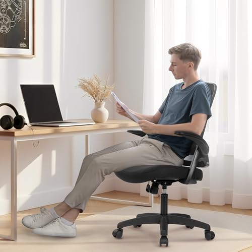 NEO CHAIR Office Desk Gaming Chair Computer High Back Mesh Seat with Rolling Wheels Ergonomic Adjustable Comfy Flip-up Armrests Lumbar Support Height for Home (Black) - color: Black