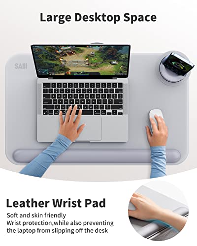 SAIJI Laptop Lap Desk with External Monitor Holder Fits Up to 17" Laptops | Lightweight Lap Tray Table Stand with Soft Leather Wrist Rest, Lap Desk with Cushion for Home Office Working On Couch & Bed - color: Light Gray