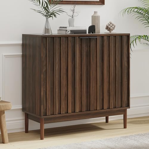 Otterease Fluted Cabinet with Storage, Buffet Cabinet Sideboard with Door, Kitchen Buffet Storage Accent Cabinets with Adjustable Shelves for Living Room, Entry, Hallway, Brown, Walnut - color: Walnut, size: 14.2"D x 31.5"W x 31.9"H