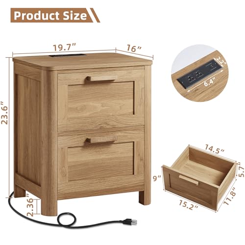 Joaxswe Farmhouse Nightstand with Charging Station, End Tables Bedroom with 2 Large Drawers & 4 Thickened Table Legs, Brown - color: Brown, size: 16"D x 19.7"W x 23.6"H (2 Drawers)