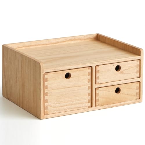 KIRIGEN Desk Organizer with 3 Drawers - Wood Drawer Storage Box with Trays for Tabletop - Workspace Office Toiletries Supplies Tool Caddy - Wooden Storage Cabinet Natural（DT1D3C-NA） - color: Natural, size: 1 layer-3 drawers