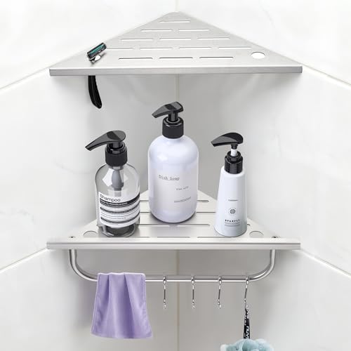 Shower Corner Shelf, 10'' Corner Shower Shelf with Towel Bar & Hooks, 2-Pack 304 Stainless Steel Recessed Bathroom Shelves, No Drilling for Tiled Wall (Brushed Nickel) - color: Brushed Nickel