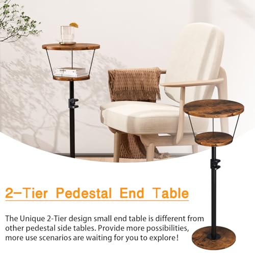 Small Side Table, 2 Tier Drink Table, Height Adjustable Round End Table, Pedestal Side Table for Small Spaces in Living Room, Bedroom, Brown - color: Brown-2 Tier