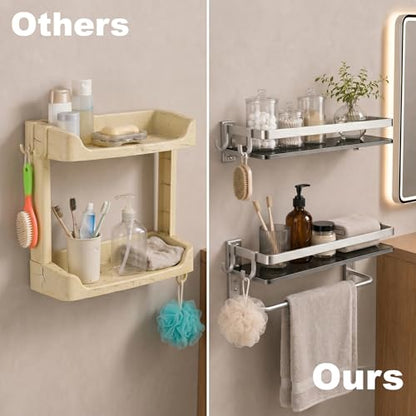 VOLPONE Glass Shelf for Bathroom 15.7 in Bathroom Shelves with Towel Bar Tempered Glass Shelves with 4 Removable Hooks for Wall（2 Tier） - style: 2 tier with towel bar-silver