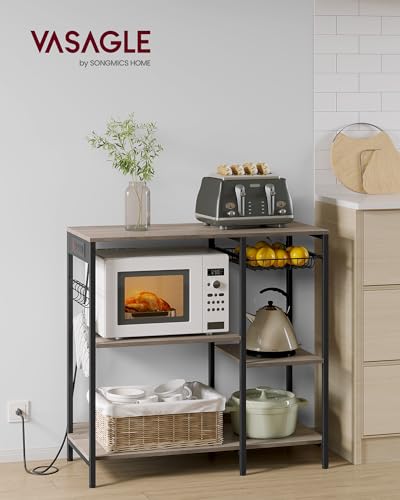 VASAGLE Baker's Rack, Coffee Bar Stand with Charging Station, 35.6 Inches Tall, Storage Shelves, Pull-Out Wire Basket, Table for Microwave, Kitchen, Heather Greige and Ink Black UKKS036K02 - color: Heather Greige + Ink Black, style: With Power Outlet