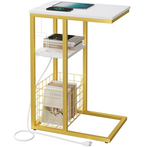 C Shaped End Table with Charging Station, Side Table for Couch, Small Side End Table for Small Spaces, 28" High Slide Under Sofa Table for Coffee, Tv Tray Table for Living Room, Golden - color: Golden